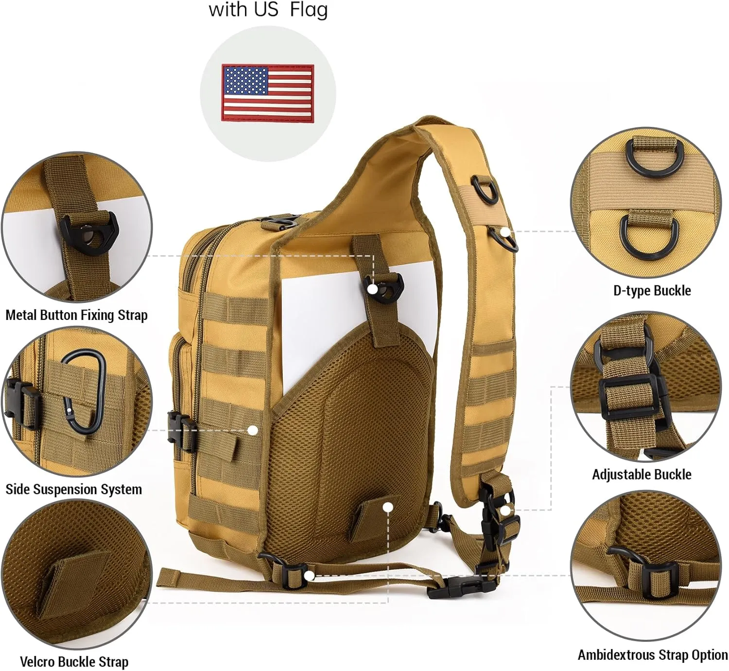 Tactical Sling Bag Backpack, Military Rover Shoulder Sling Pack, EDC Molle Assault Range Bag, Crossbody Chest Bag for Men (Khaki)
