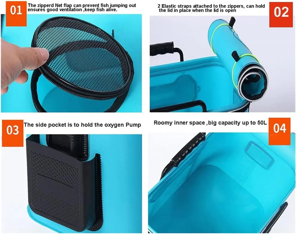 TangDao Foldable Fishing Bucket with Oxygen Pump -Collapsible Water Bucket for Fishing-Multifunctional Portable Fishing Bucket-EVA Fishing Bag (Light Blue, S (40cm*25cm*25cm))