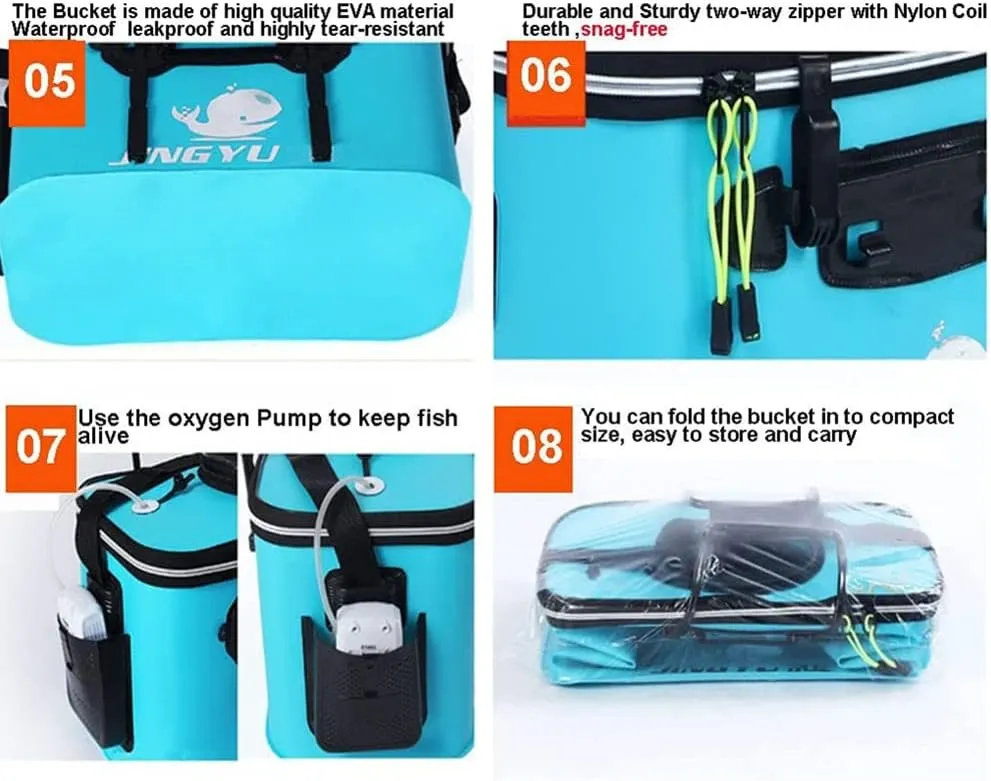 TangDao Foldable Fishing Bucket with Oxygen Pump -Collapsible Water Bucket for Fishing-Multifunctional Portable Fishing Bucket-EVA Fishing Bag (Light Blue, S (40cm*25cm*25cm))