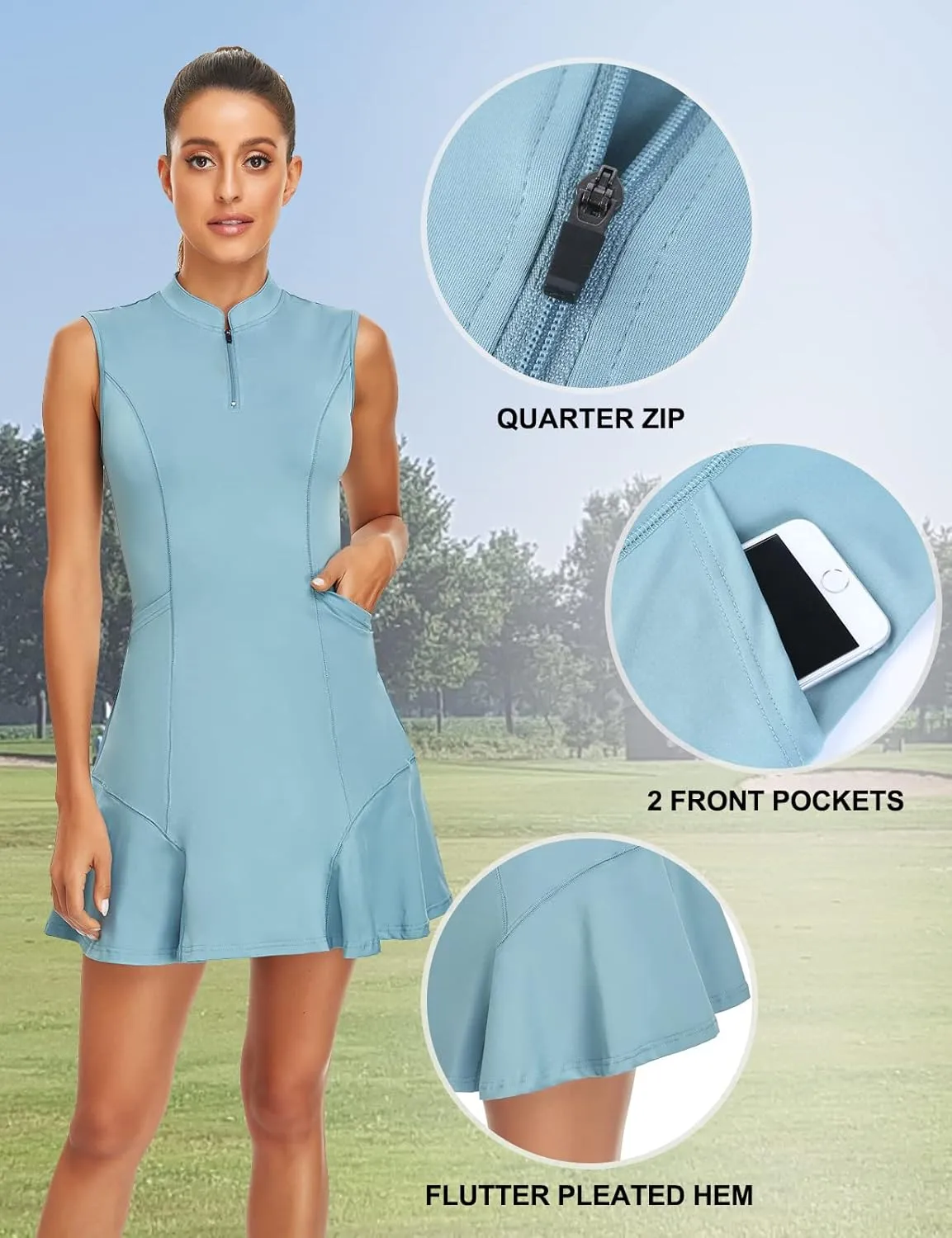 Tanst Sky Women's Golf Dress with Shorts Zip Up Quick Dry Sleeveless Pockets Tennis Workout Dresses