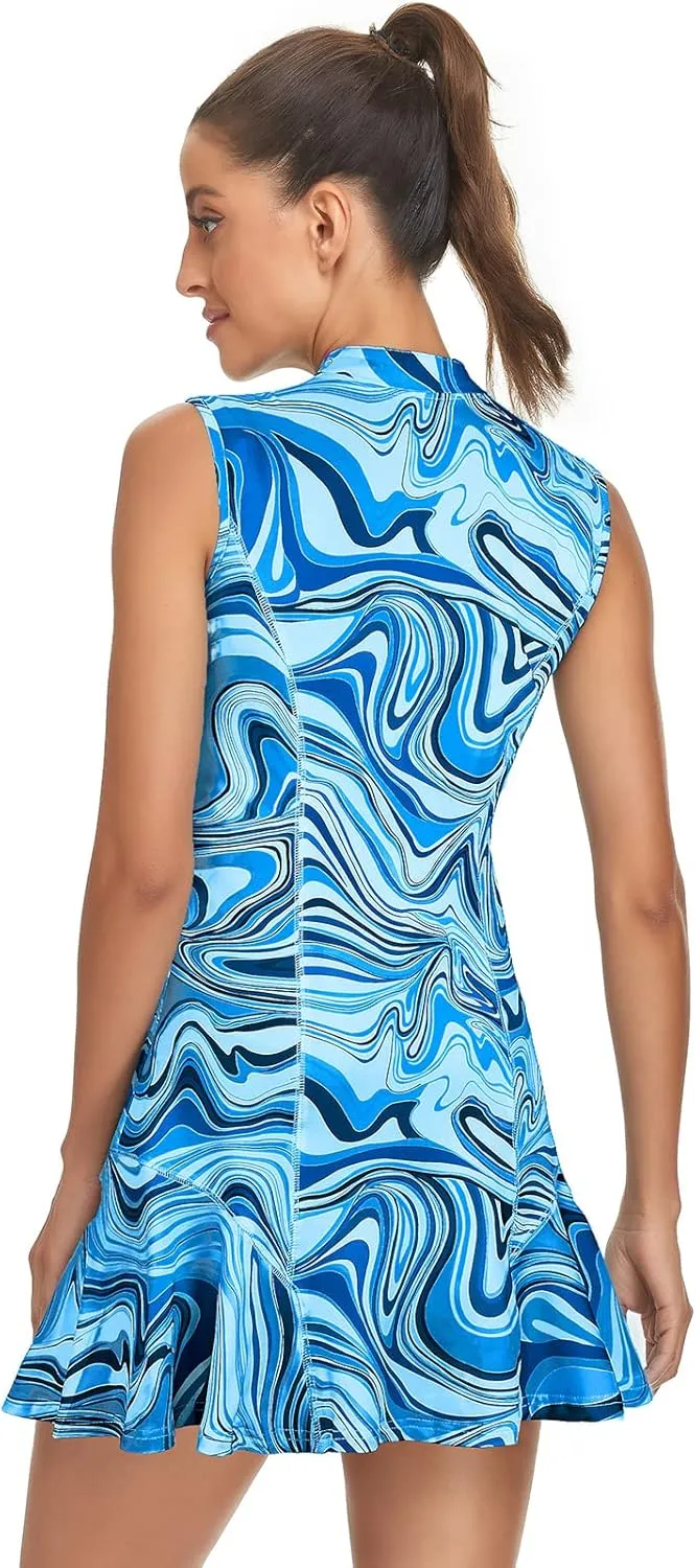 Tanst Sky Women's Golf Dress with Shorts Zip Up Quick Dry Sleeveless Pockets Tennis Workout Dresses