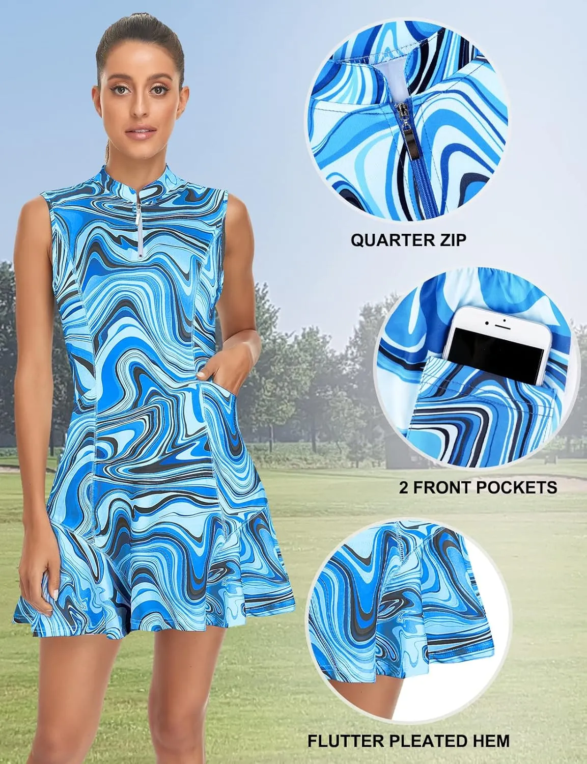 Tanst Sky Women's Golf Dress with Shorts Zip Up Quick Dry Sleeveless Pockets Tennis Workout Dresses