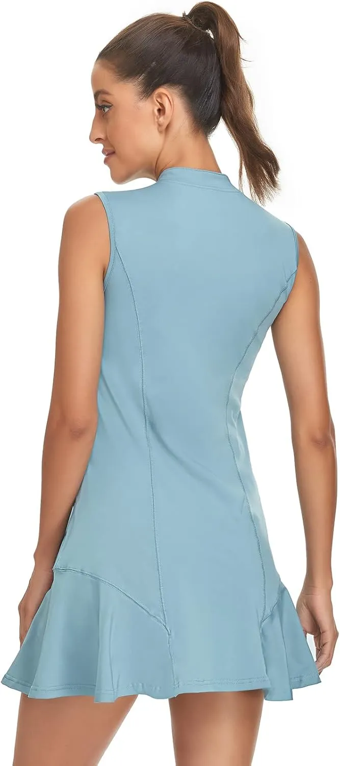 Tanst Sky Women's Golf Dress with Shorts Zip Up Quick Dry Sleeveless Pockets Tennis Workout Dresses