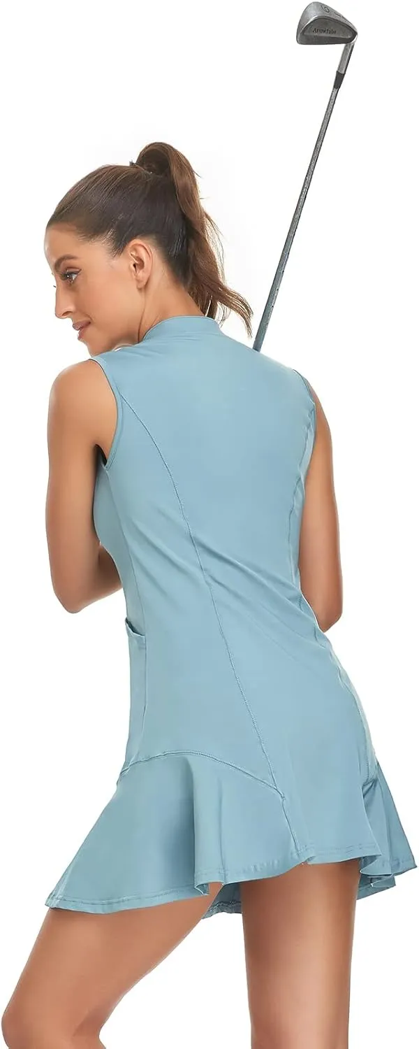 Tanst Sky Women's Golf Dress with Shorts Zip Up Quick Dry Sleeveless Pockets Tennis Workout Dresses