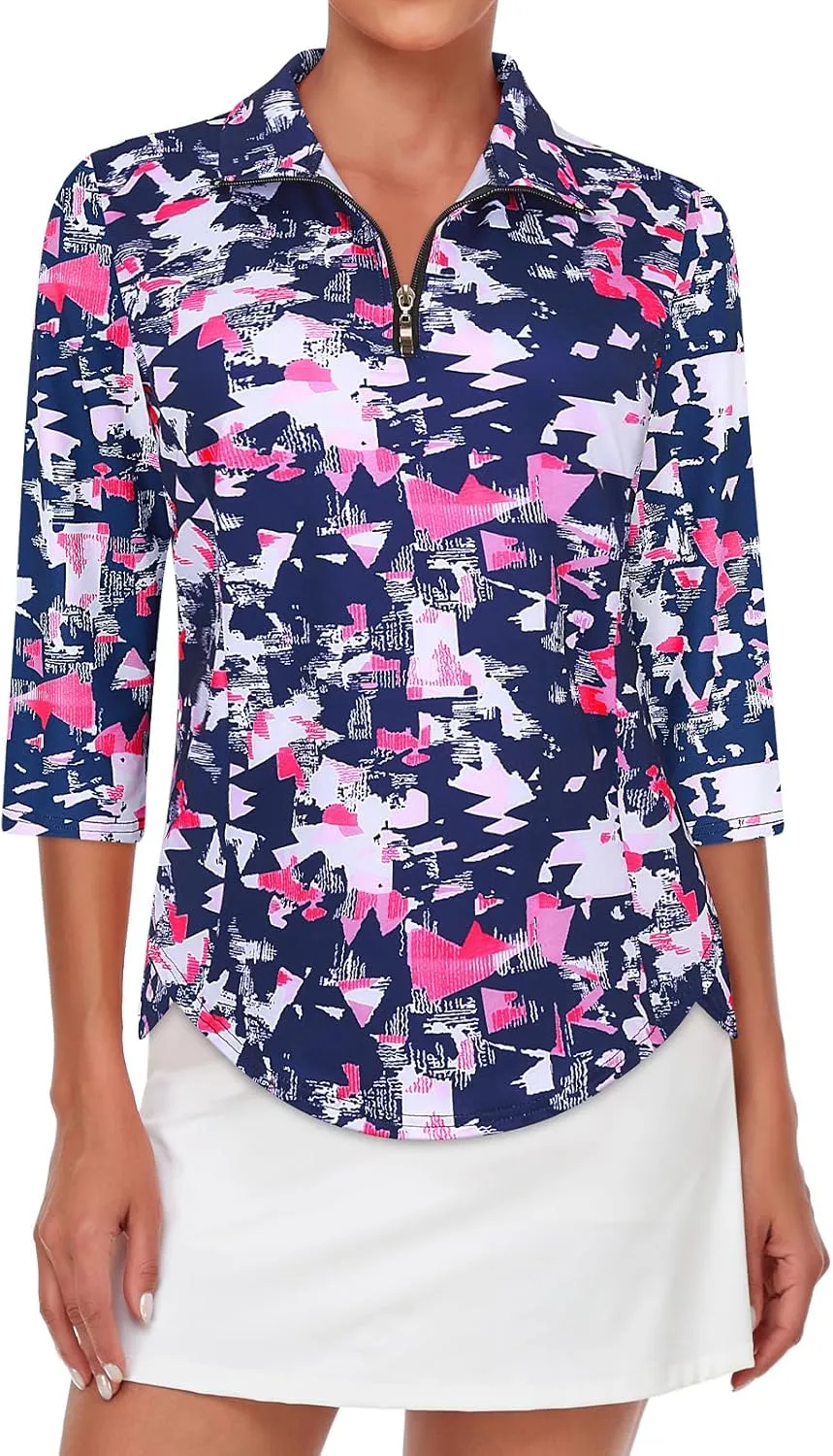 Tanst Sky Womens Golf Polo Shirts Zipper 3/4 Sleeve Moisture Wicking Tops UPF 50  Workout Tennis Apparel
