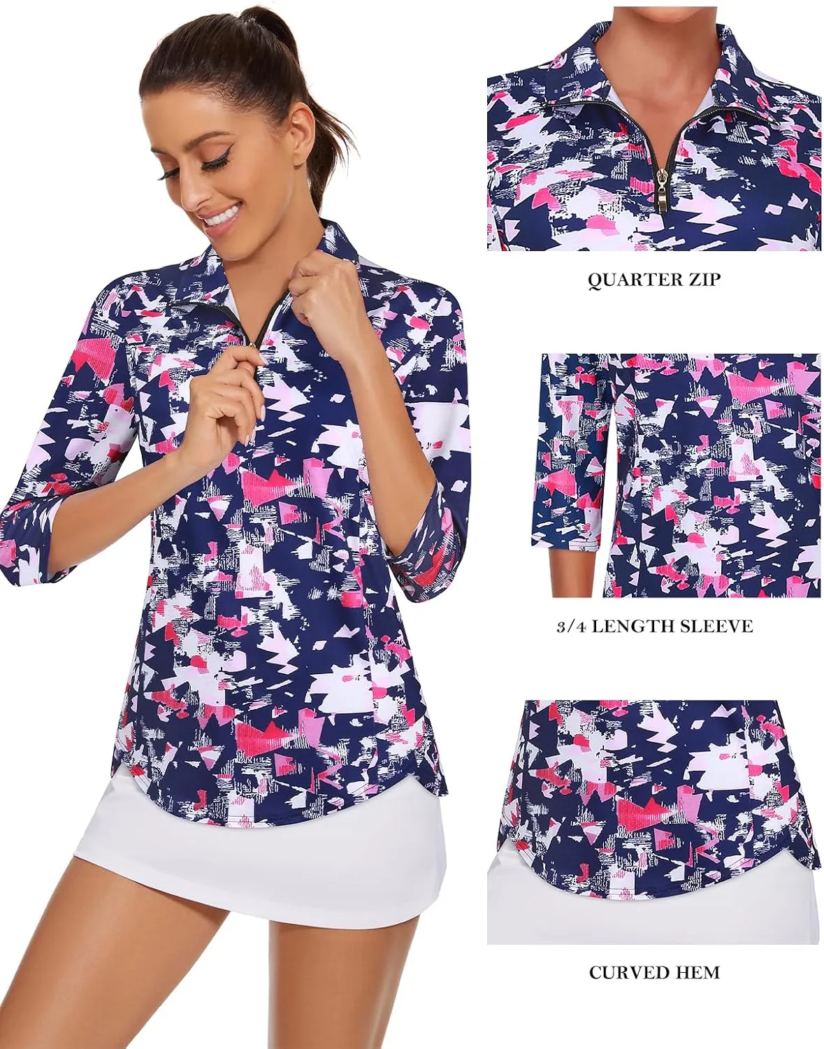 Tanst Sky Womens Golf Polo Shirts Zipper 3/4 Sleeve Moisture Wicking Tops UPF 50  Workout Tennis Apparel