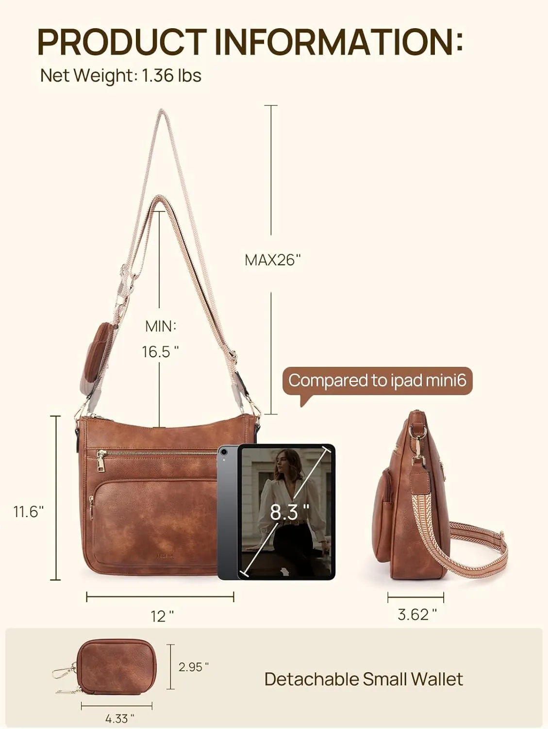 Telena Vegan Leather Crossbody Bags for Women Travel Shoulder Hobo Bag Bucket Large Purse Straps Replacement