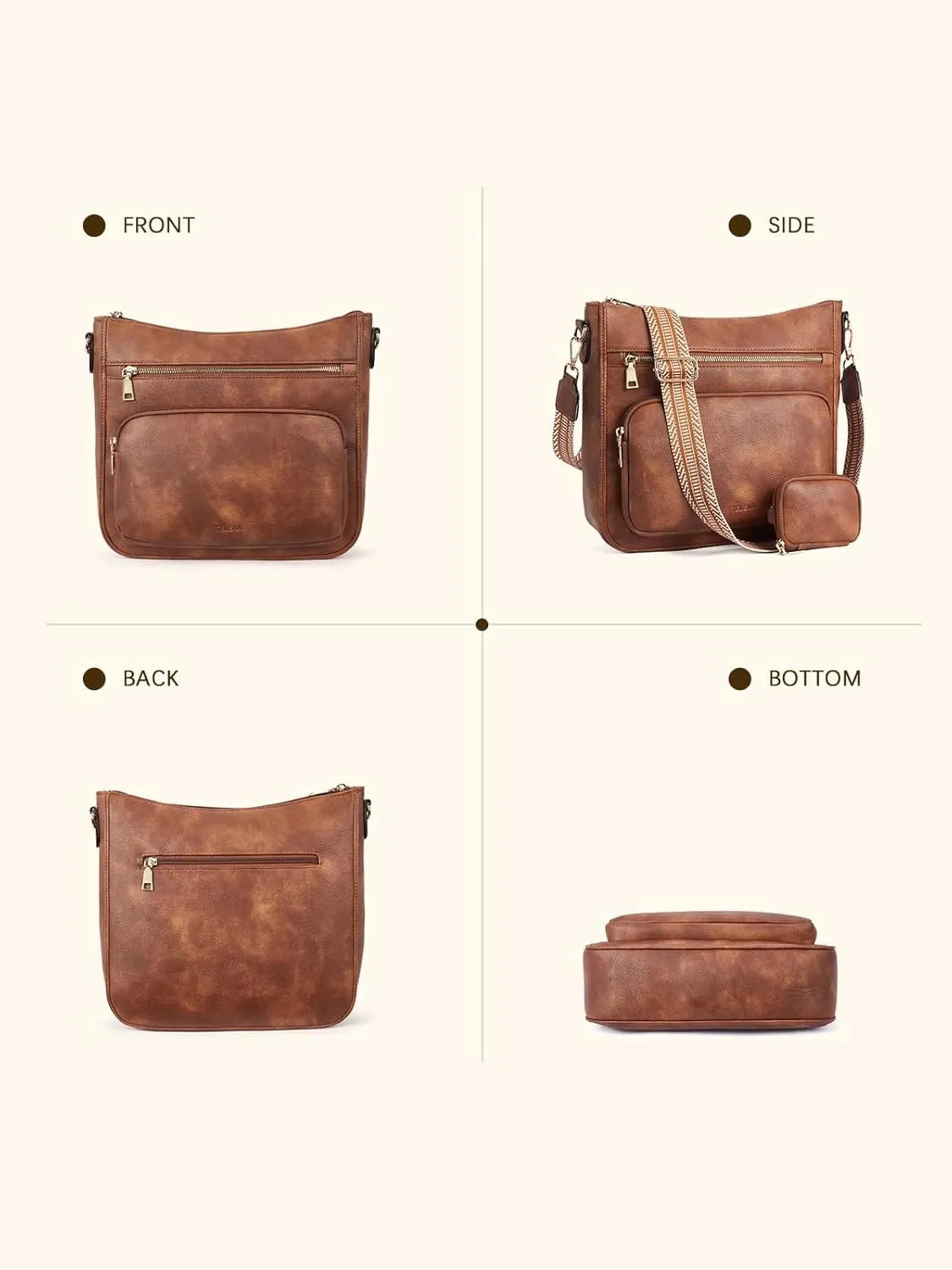 Telena Vegan Leather Crossbody Bags for Women Travel Shoulder Hobo Bag Bucket Large Purse Straps Replacement