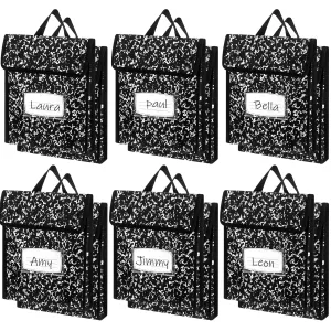 Teling 24 Pcs Composition Book Bags for Classroom Nylon Book Pouch Bulk Waterproof Reading Bag with Name Tags Black Baggies for Classroom Store School Work Reading Supplies, 10 x 13 Inch