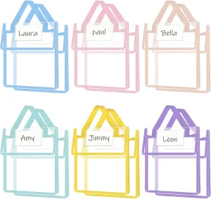 Teling Thick Clear Book Pouches with Blank Name Tags and Handles Book Bags Organizer for School Classroom Library Pockets Students(10 x 12 Inch,Pastel Color,12 Pack)