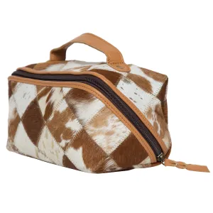 The Design Edge Patchwork Cowhide and Tooling Leather Cosmetics Bag - Tan and White - AT64