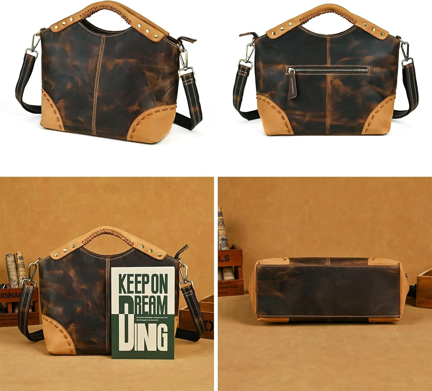 Thick Genuine Crazy Horse Leather Satchel Crossbody Handbag Top-Handle Shoulder Bag For Women 6640
