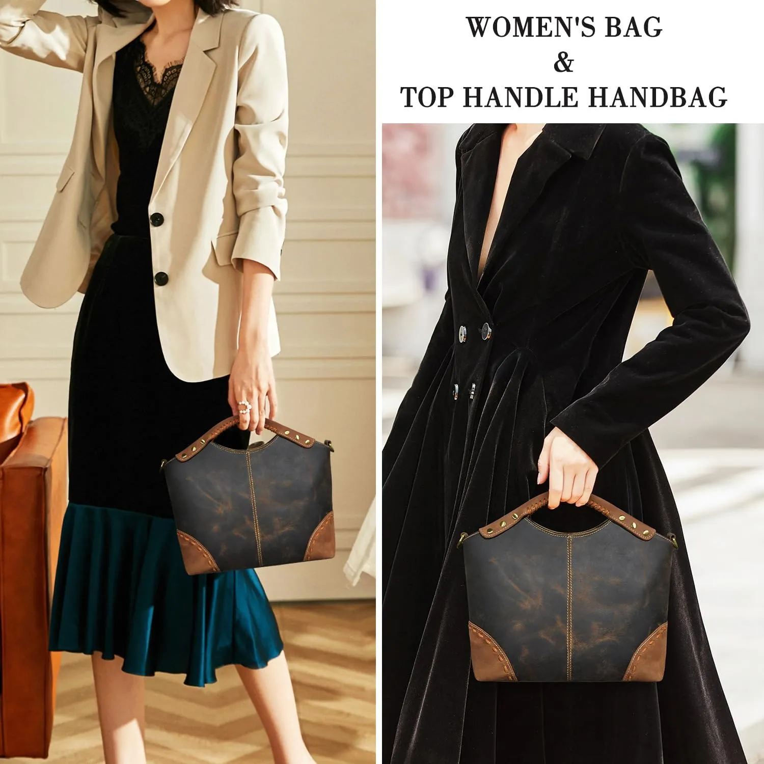 Thick Genuine Crazy Horse Leather Satchel Crossbody Handbag Top-Handle Shoulder Bag For Women 6640