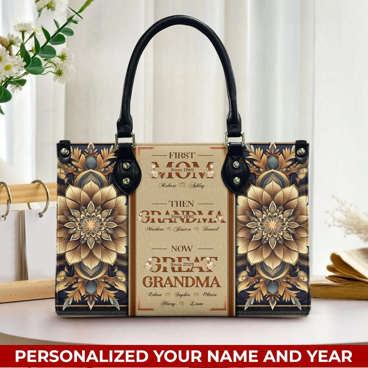 THUYPT Personalized Leather Mom Bag, Leather Handbag with Ziplock for Mom, Gift Idea for Mother's Day, Floral Printed Leather Handbag, Gift for Mom, Grandma, Flowers Bags (04)