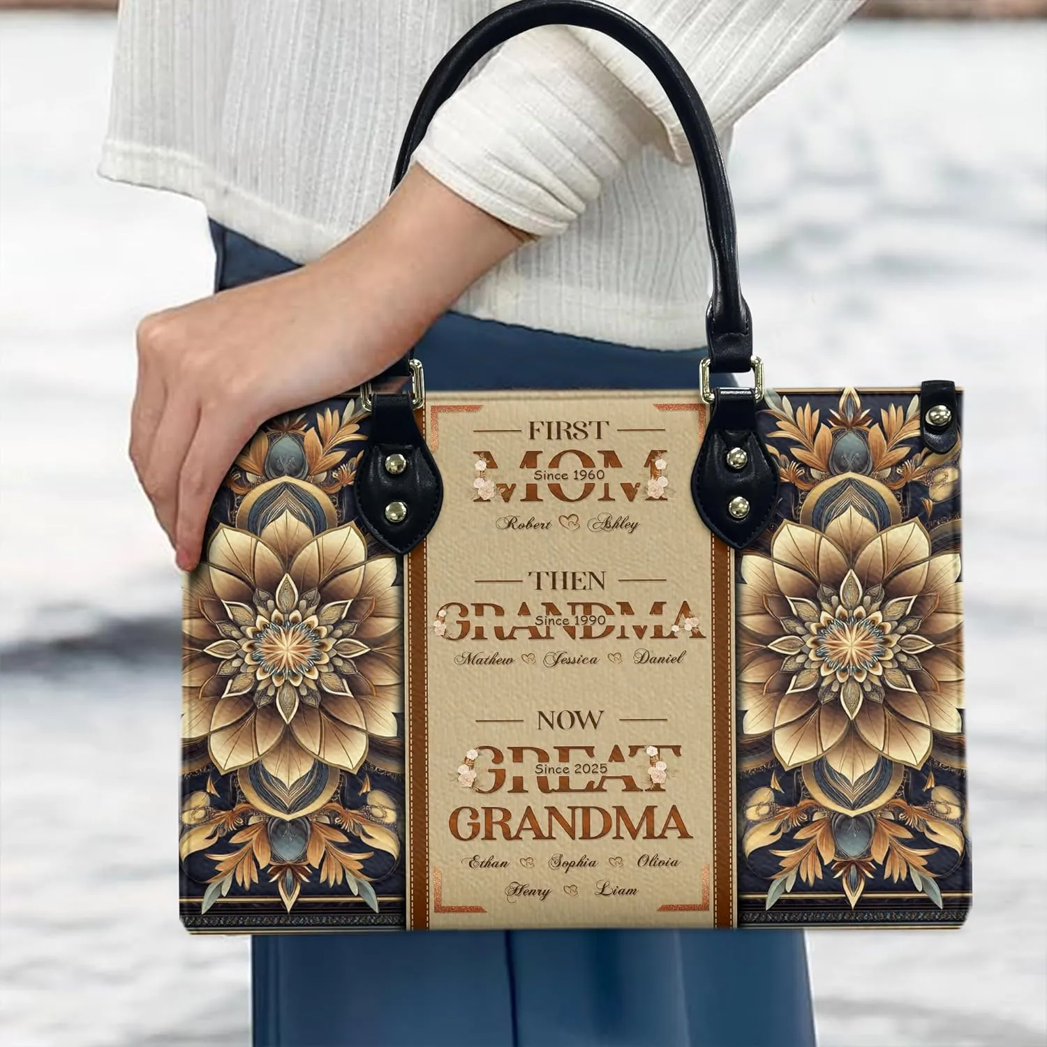 THUYPT Personalized Leather Mom Bag, Leather Handbag with Ziplock for Mom, Gift Idea for Mother's Day, Floral Printed Leather Handbag, Gift for Mom, Grandma, Flowers Bags (04)