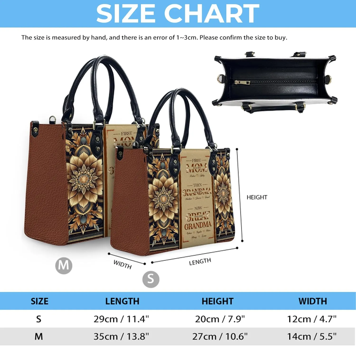 THUYPT Personalized Leather Mom Bag, Leather Handbag with Ziplock for Mom, Gift Idea for Mother's Day, Floral Printed Leather Handbag, Gift for Mom, Grandma, Flowers Bags (04)
