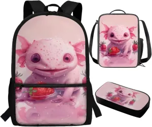 TOADDITDO Axolotl Girls Backpack Kindergarten 3-Piece School Bag Set with Lunchbox Pencil Case Toddler Cute Large Bookbags Preschool Hiking Camping Book Bag Daycare Bags Back Pack Mochilas Para NiñA