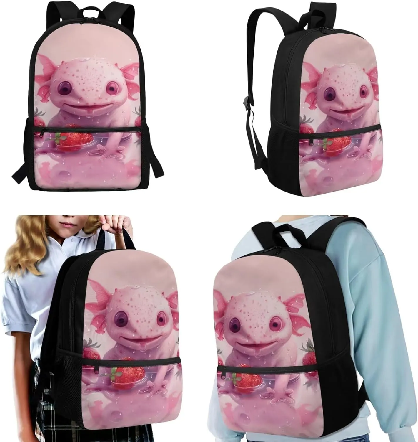TOADDITDO Axolotl Girls Backpack Kindergarten 3-Piece School Bag Set with Lunchbox Pencil Case Toddler Cute Large Bookbags Preschool Hiking Camping Book Bag Daycare Bags Back Pack Mochilas Para NiñA