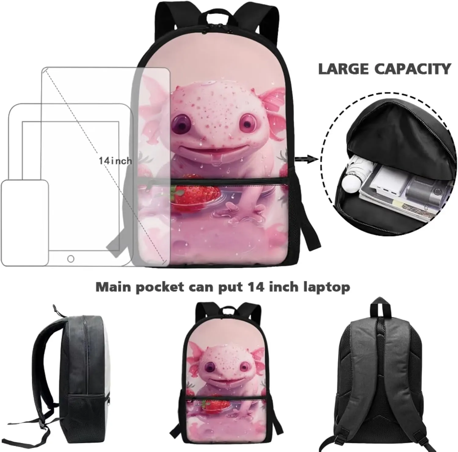 TOADDITDO Axolotl Girls Backpack Kindergarten 3-Piece School Bag Set with Lunchbox Pencil Case Toddler Cute Large Bookbags Preschool Hiking Camping Book Bag Daycare Bags Back Pack Mochilas Para NiñA