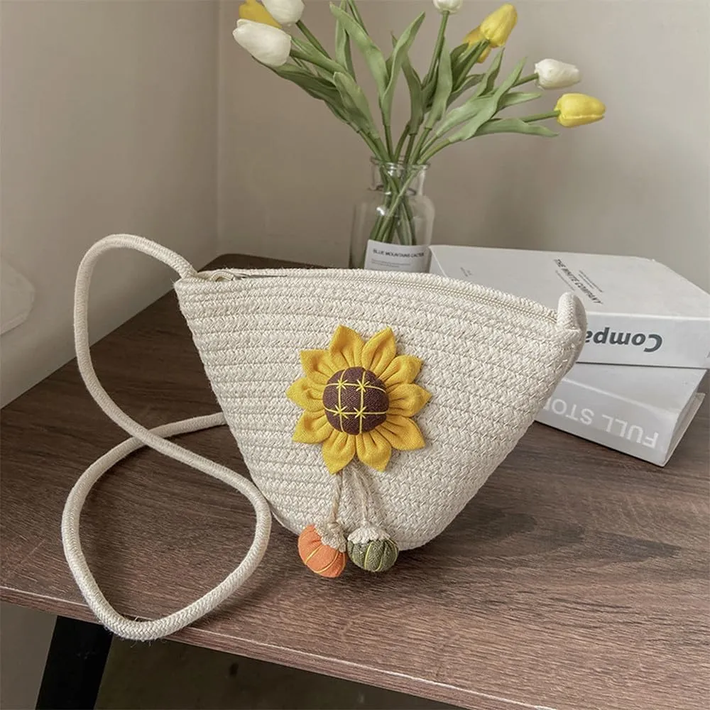 Tote Bag for Women Cotton Satchel Purse Hand-Woven Shoulder Handbag Hobo Bag Flower Crossbody Bags for Women Beige(Sunflower)