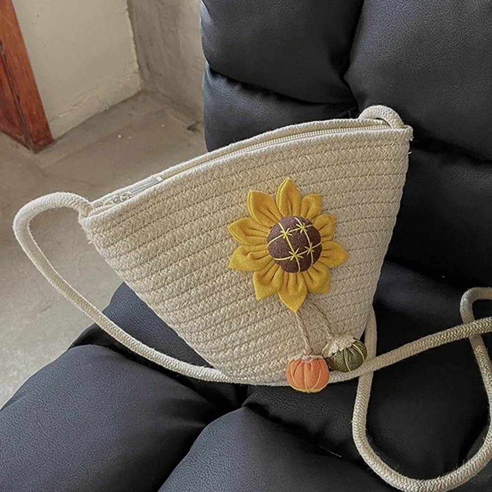 Tote Bag for Women Cotton Satchel Purse Hand-Woven Shoulder Handbag Hobo Bag Flower Crossbody Bags for Women Beige(Sunflower)