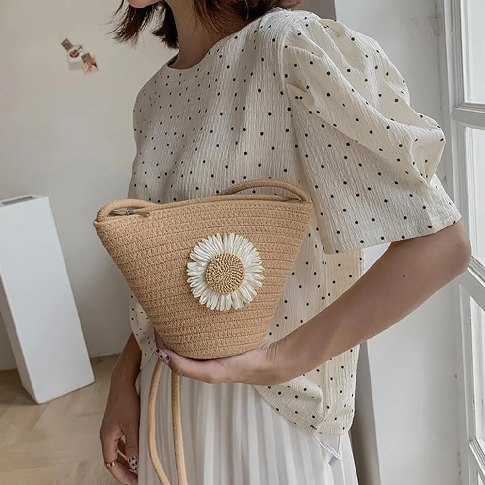 Tote Bag for Women Cotton Satchel Purse Hand-Woven Shoulder Handbag Hobo Bag Flower Crossbody Bags for Women Khaki(Daisy)