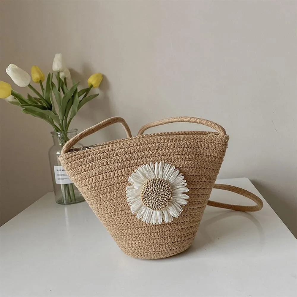 Tote Bag for Women Cotton Satchel Purse Hand-Woven Shoulder Handbag Hobo Bag Flower Crossbody Bags for Women Khaki(Daisy)