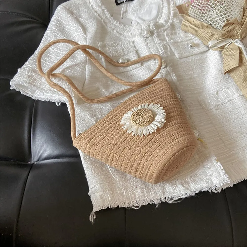Tote Bag for Women Cotton Satchel Purse Hand-Woven Shoulder Handbag Hobo Bag Flower Crossbody Bags for Women Khaki(Daisy)