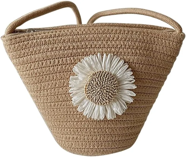 Tote Bag for Women Cotton Satchel Purse Hand-Woven Shoulder Handbag Hobo Bag Flower Crossbody Bags for Women Khaki(Daisy)