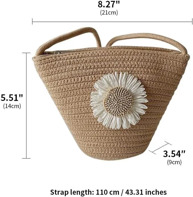 Tote Bag for Women Cotton Satchel Purse Hand-Woven Shoulder Handbag Hobo Bag Flower Crossbody Bags for Women Khaki(Daisy)
