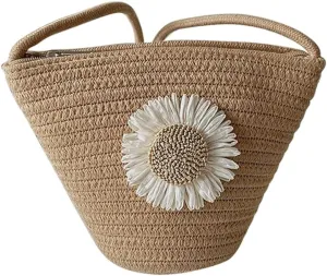 Tote Bag for Women Cotton Satchel Purse Hand-Woven Shoulder Handbag Hobo Bag Flower Crossbody Bags for Women Khaki(Daisy)