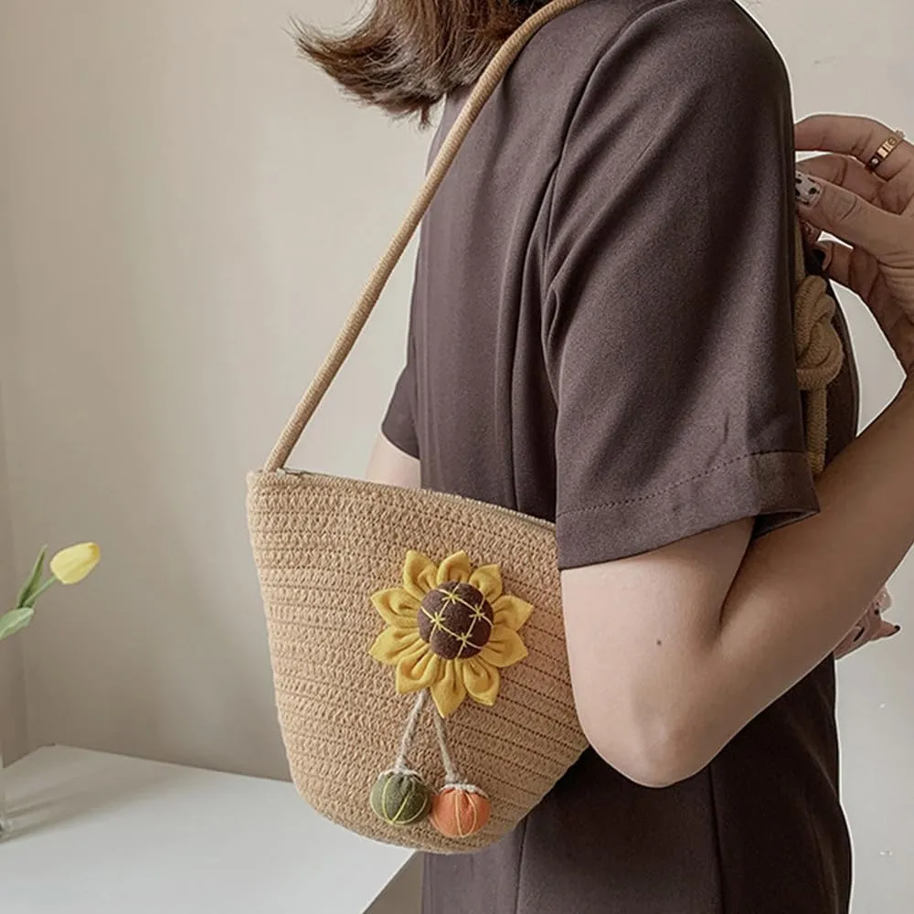 Tote Bag for Women Cotton Satchel Purse Hand-Woven Shoulder Handbag Hobo Bag Flower Crossbody Bags for Women Khaki(Sunflower)
