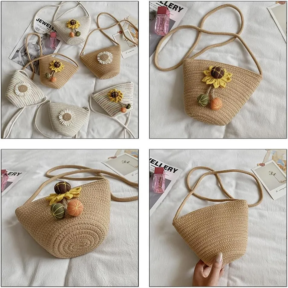 Tote Bag for Women Cotton Satchel Purse Hand-Woven Shoulder Handbag Hobo Bag Flower Crossbody Bags for Women Khaki(Sunflower)