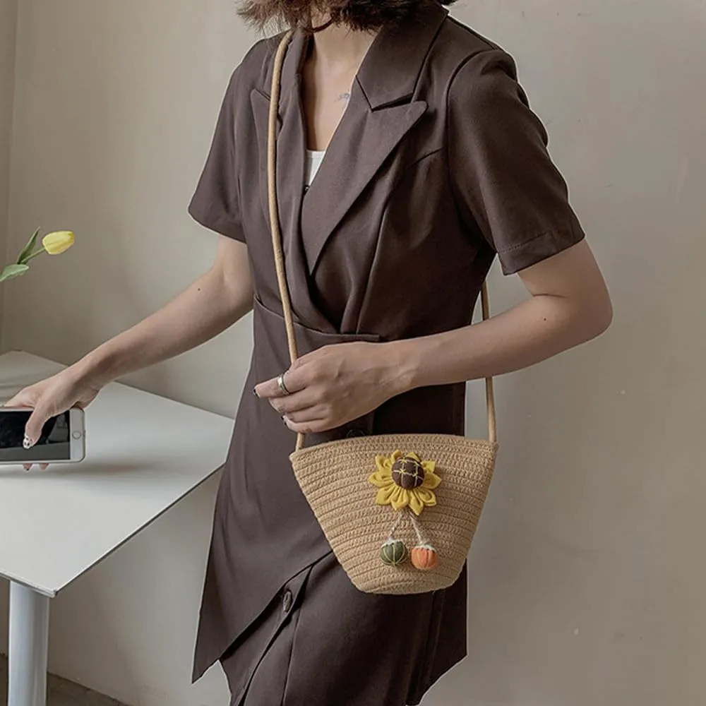 Tote Bag for Women Cotton Satchel Purse Hand-Woven Shoulder Handbag Hobo Bag Flower Crossbody Bags for Women Khaki(Sunflower)