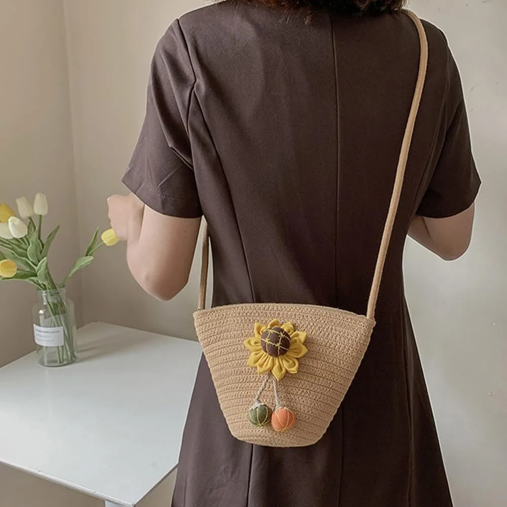 Tote Bag for Women Cotton Satchel Purse Hand-Woven Shoulder Handbag Hobo Bag Flower Crossbody Bags for Women Khaki(Sunflower)