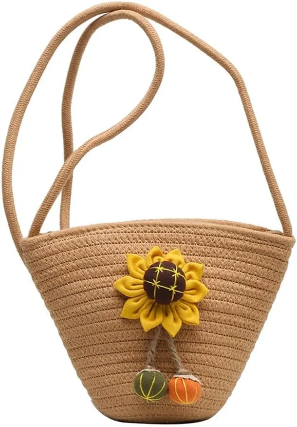 Tote Bag for Women Cotton Satchel Purse Hand-Woven Shoulder Handbag Hobo Bag Flower Crossbody Bags for Women Khaki(Sunflower)