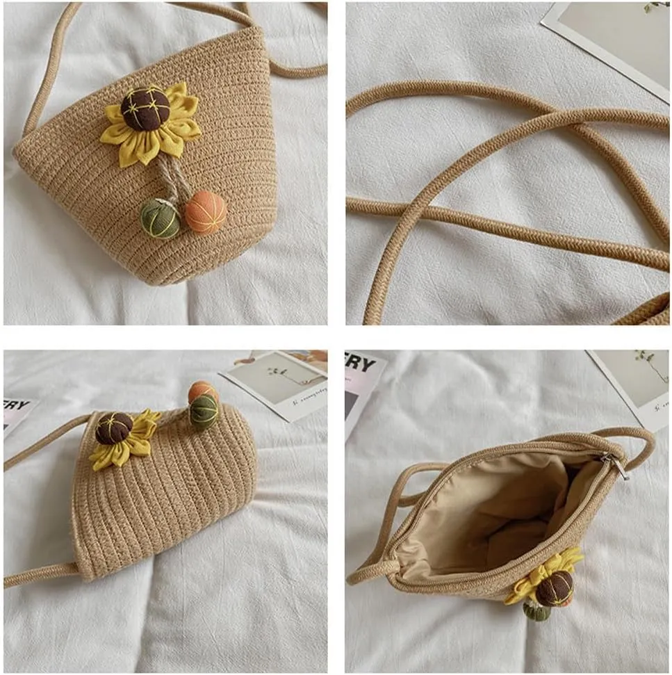 Tote Bag for Women Cotton Satchel Purse Hand-Woven Shoulder Handbag Hobo Bag Flower Crossbody Bags for Women Khaki(Sunflower)