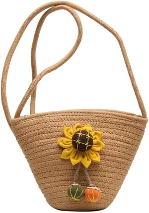 Tote Bag for Women Cotton Satchel Purse Hand-Woven Shoulder Handbag Hobo Bag Flower Crossbody Bags for Women Khaki(Sunflower)