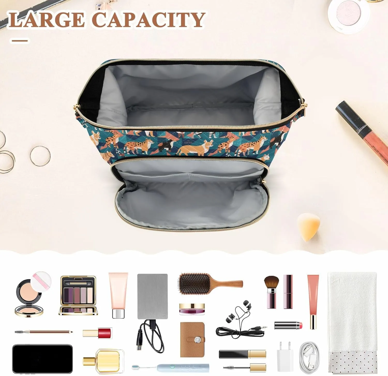 Travel Cosmetic Pouch with Quilted Puffer Style Lightweight Spacious Design