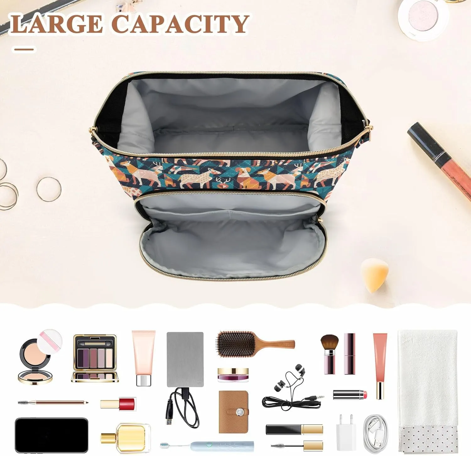 Travel Cosmetic Pouch with Quilted Puffer Style Lightweight Spacious Design