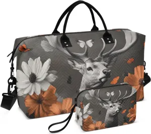 Travel Duffel Bag Elk Floral Art, Gym Bags with Multiple Interior Pockets for Men Women Toiletry Purse Included 20.5”x 1.9” x 13.8”