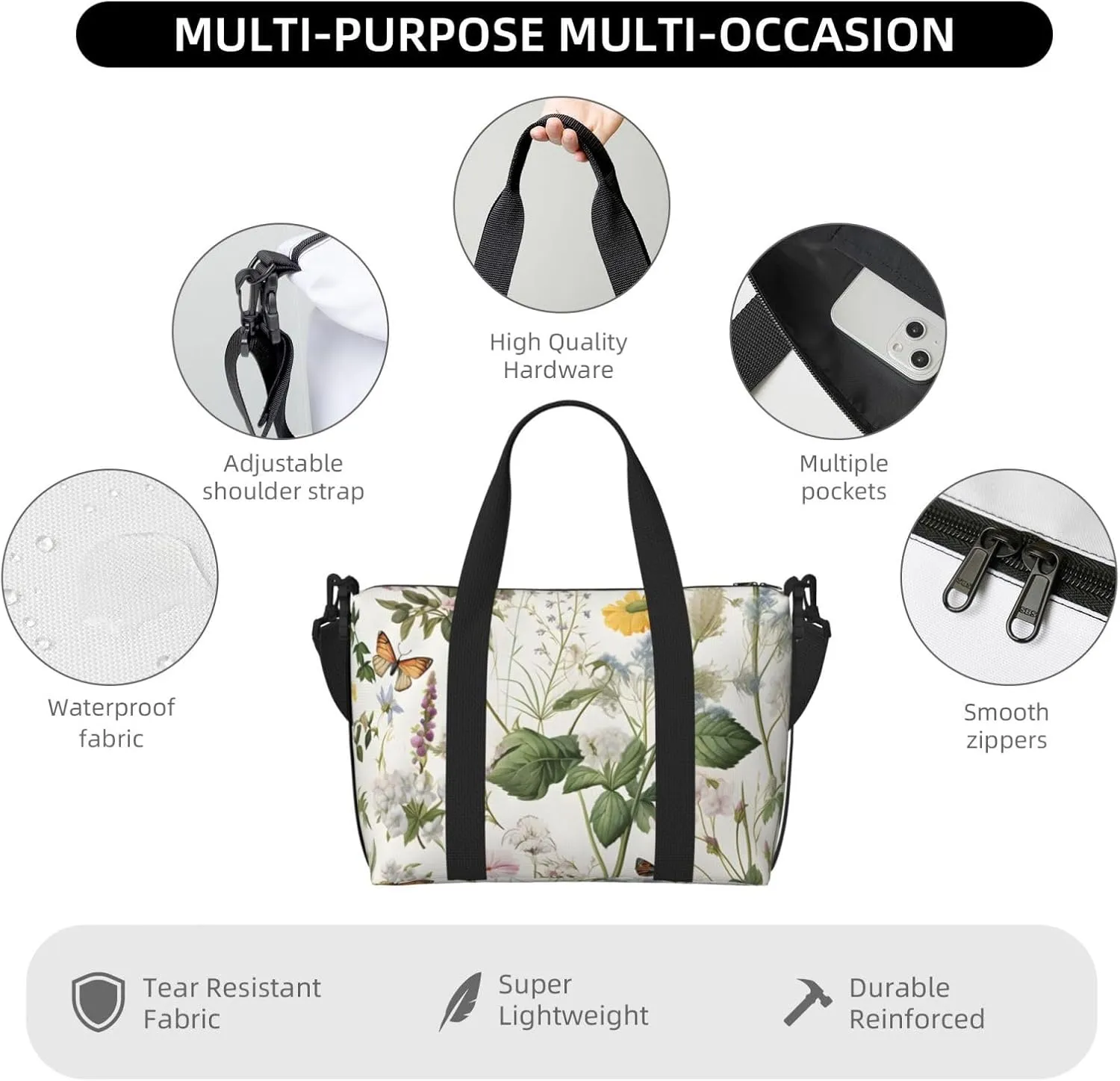 Travel Duffle Bag Floral Tropical Leaves Weekender Overnight Bags Luggage Bag for Women Men Waterproof Sports Gym Bag Hand Bag with Shoulder Strap