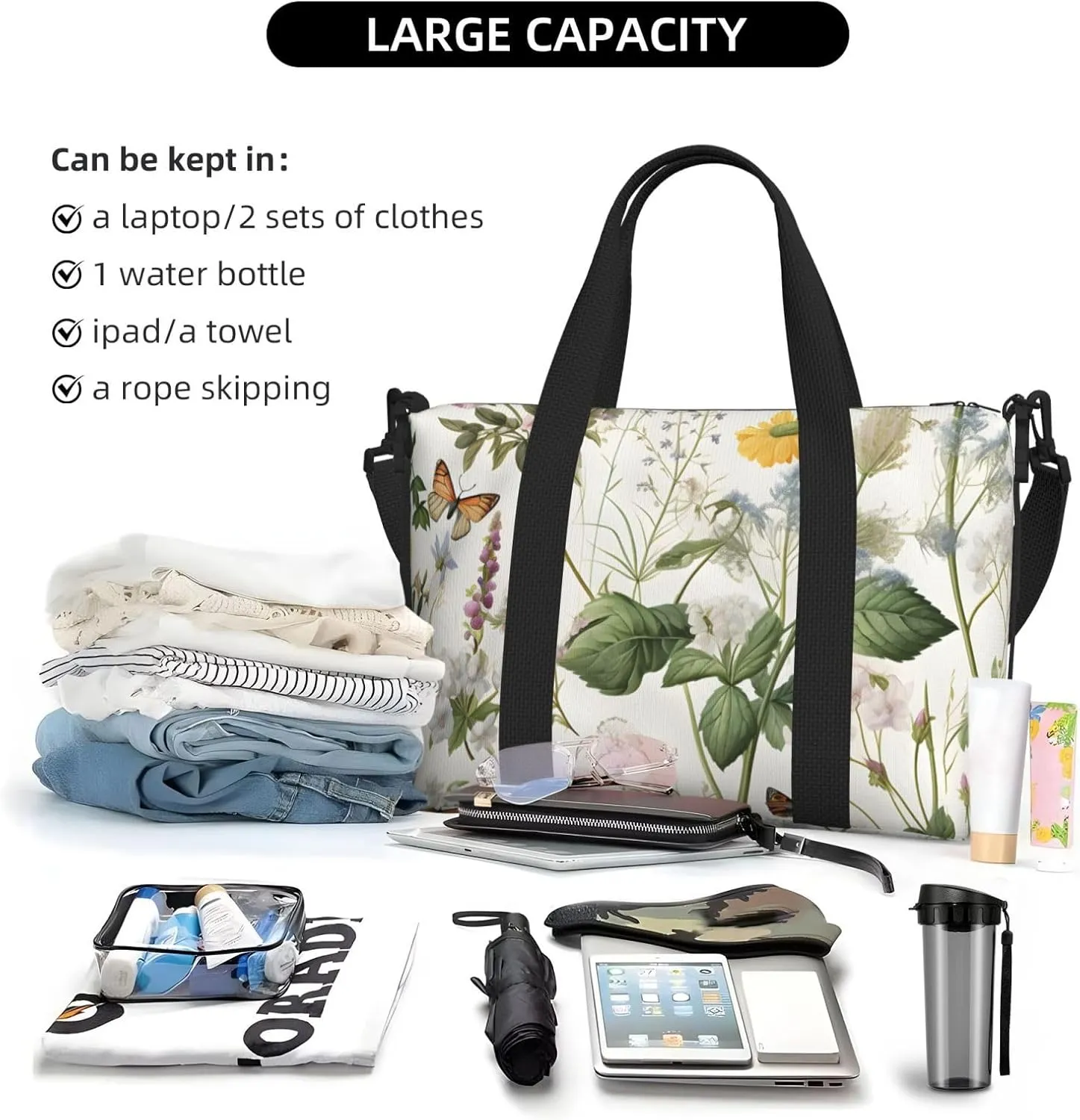Travel Duffle Bag Floral Tropical Leaves Weekender Overnight Bags Luggage Bag for Women Men Waterproof Sports Gym Bag Hand Bag with Shoulder Strap