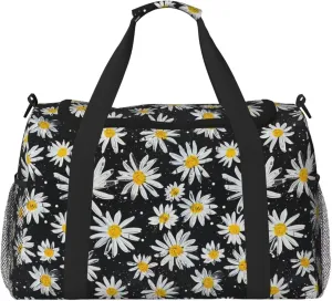 Travel Duffle Bag for Men Women Cute Daisy Flower Print Foldable Duffel Bag Floral Overnight Bags Waterproof & Tear Resistant Personal Item Bag