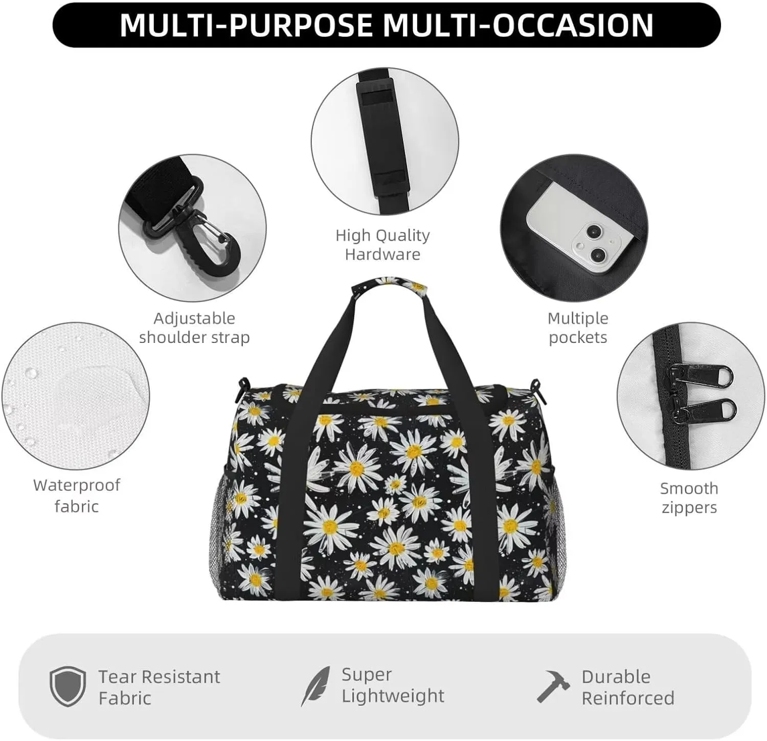 Travel Duffle Bag for Men Women Cute Daisy Flower Print Foldable Duffel Bag Floral Overnight Bags Waterproof & Tear Resistant Personal Item Bag
