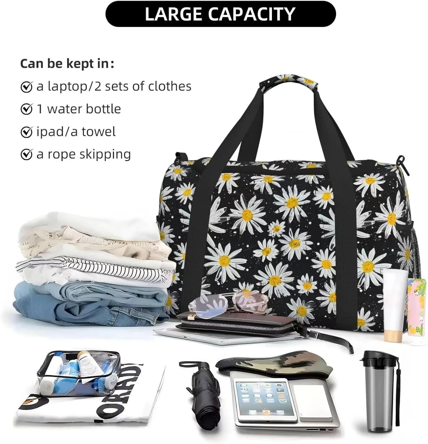 Travel Duffle Bag for Men Women Cute Daisy Flower Print Foldable Duffel Bag Floral Overnight Bags Waterproof & Tear Resistant Personal Item Bag