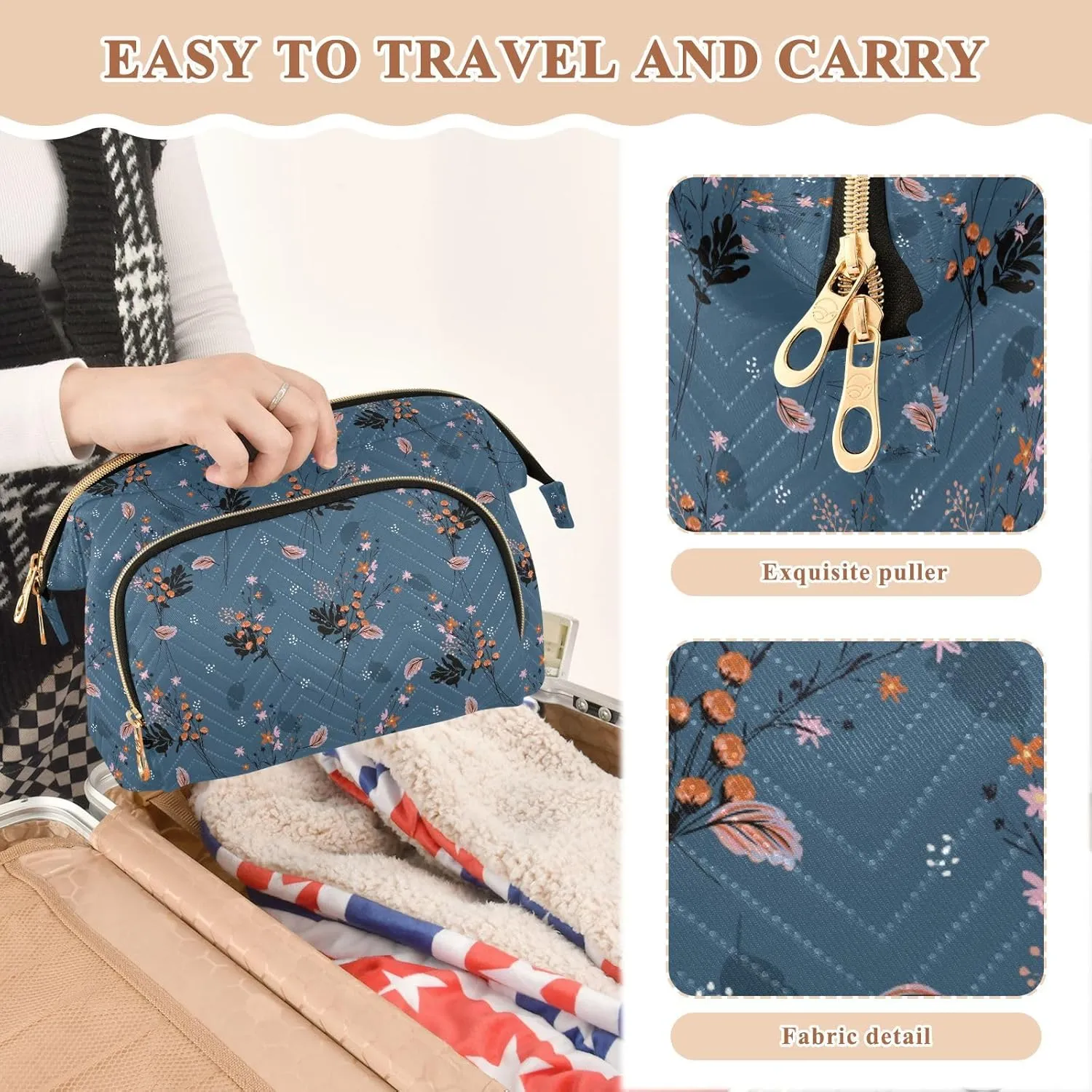 Travel Quilted Makeup Bag Toiletry Organizer Pouch Storage Make Up Bag Large Quilted Cosmetic Bag Wide Open T1