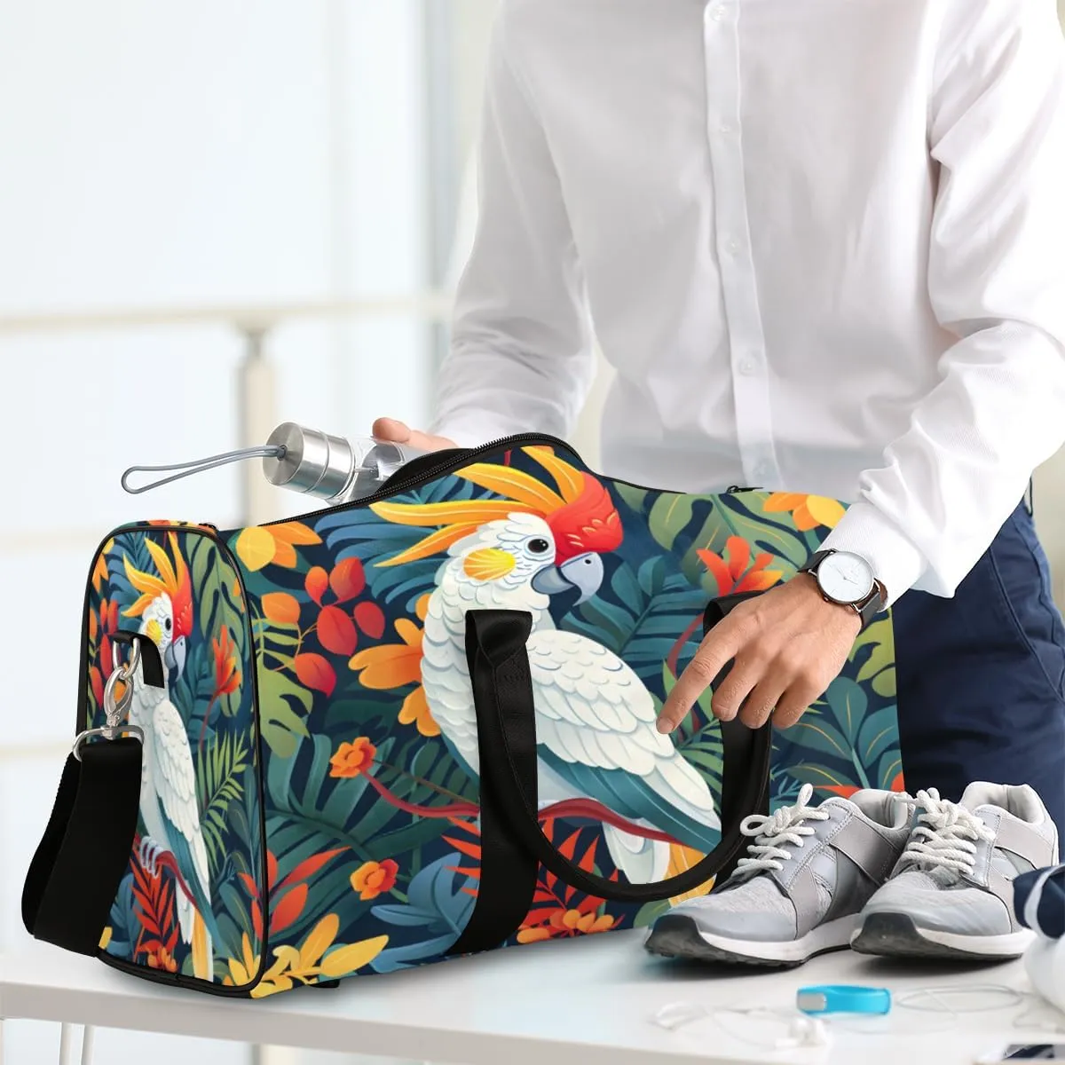 Tropical Birds Travel Duffle Bag, Sports Gym Bags for Women Men, Carry On Weekender Overnight Bag, Jungle Leaves Floral Workout Hospital Airplane Trips Bag