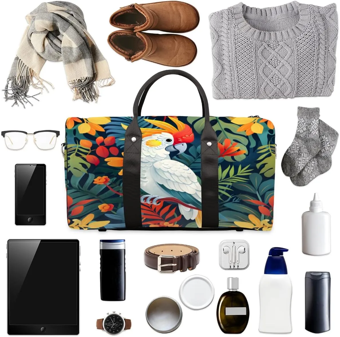 Tropical Birds Travel Duffle Bag, Sports Gym Bags for Women Men, Carry On Weekender Overnight Bag, Jungle Leaves Floral Workout Hospital Airplane Trips Bag