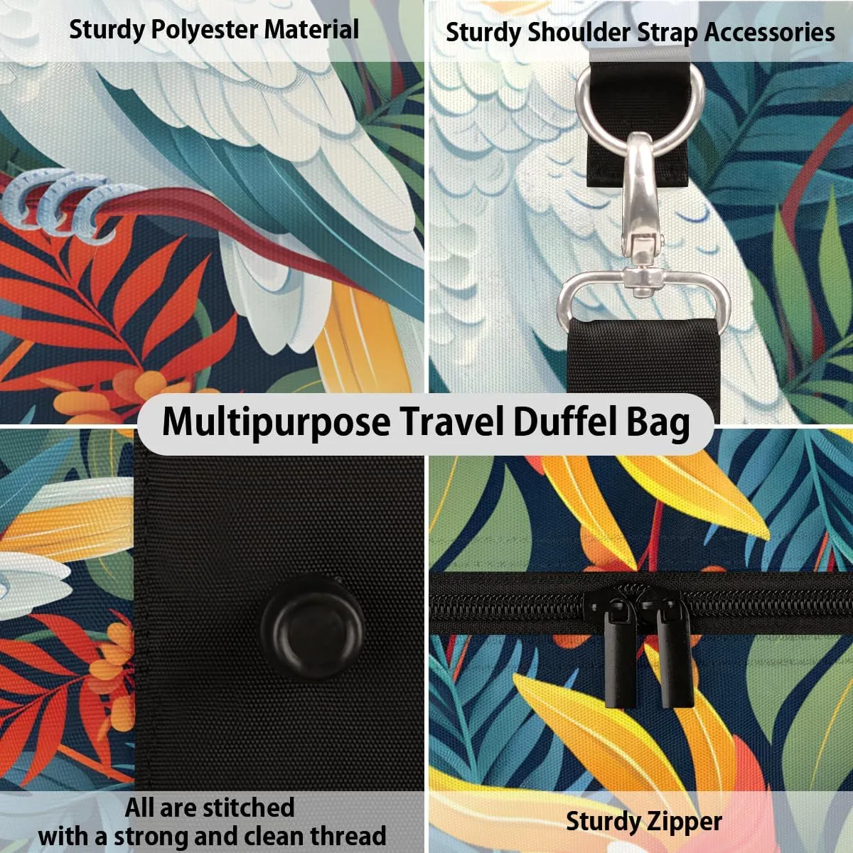 Tropical Birds Travel Duffle Bag, Sports Gym Bags for Women Men, Carry On Weekender Overnight Bag, Jungle Leaves Floral Workout Hospital Airplane Trips Bag